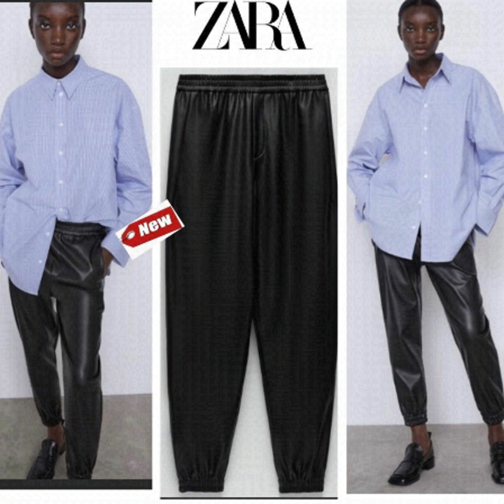 Zara black faux leather vegan joggers pull on Sz M